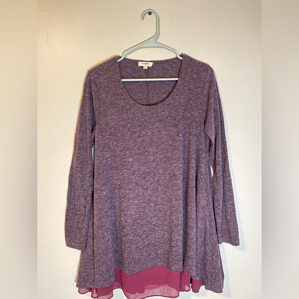 Umgee USA Layered Chiffon Hem Tunic Long Sleeve Mauve Plum Size M
